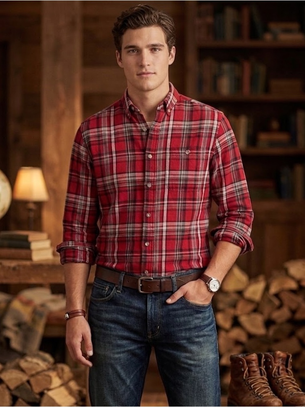 Men's Basic Options Red Plaid Flannel Shirt, Button Down Long sleeve size medium